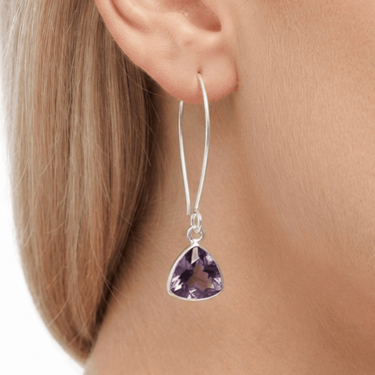 Women's 925 Sterling Silver Minimalist Triangle Amethyst Hoop Earrings